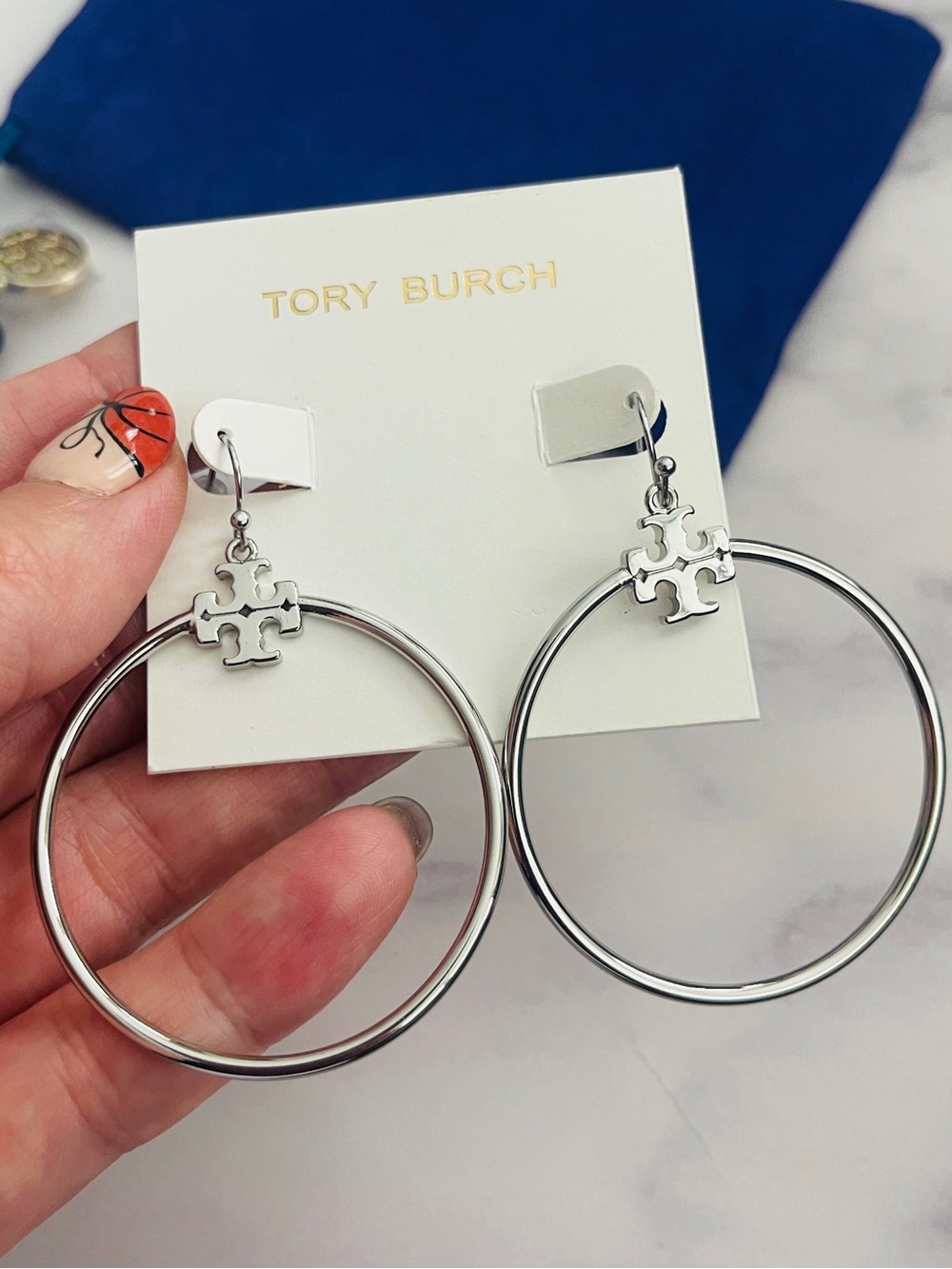 $168 New, Authentic Tory Burch Silver Tone Hoop Earrings TB Logo Design